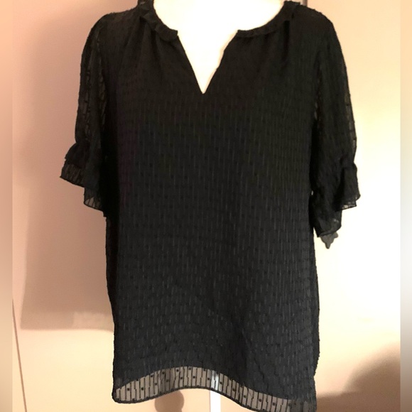 Kaari Blue Tops - NWOT Kaari Blue Black Textured Ruffle-Sleeve Blouse
